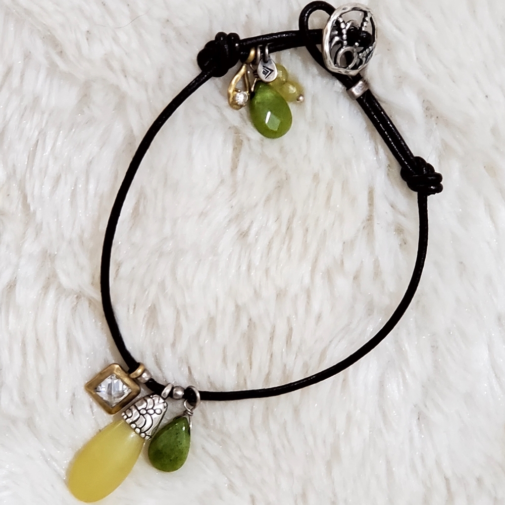 Silpada Sterling Brass Lemon Lime Quartzite CZ Charm Leather Bracelet